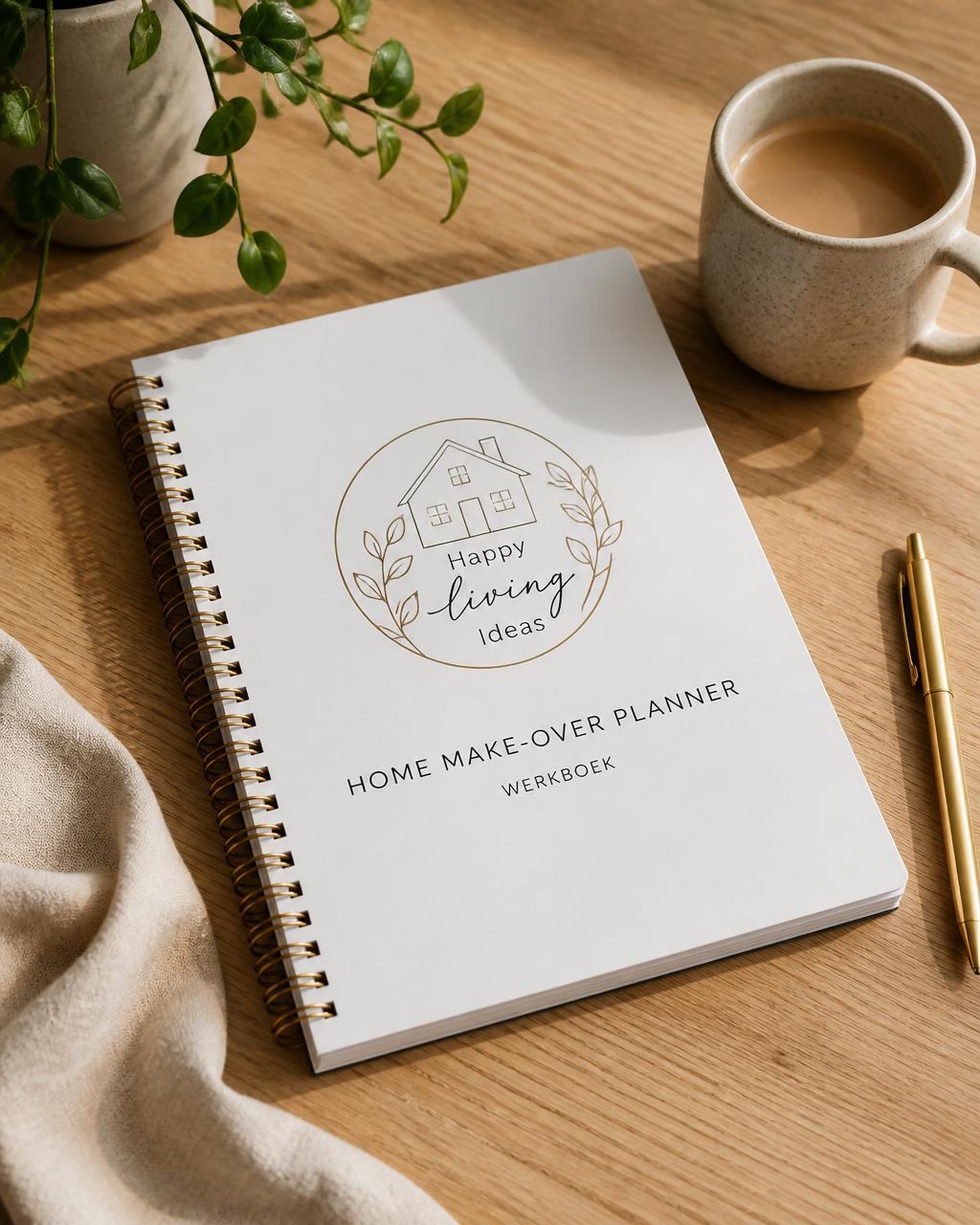 Home Make-over Planner mockup op een eiken tafel met een kop koffie